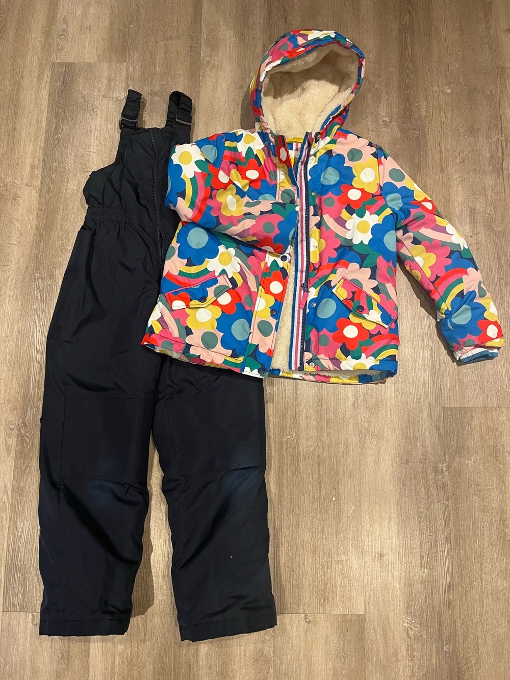 Mini Boden Girls' Rainbow Floral Hooded Sherpa Winter Jacket & navy ski pants bi